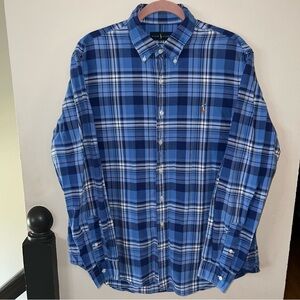 Ralph Lauren Men’s XL Blue Plaid Cotton Oxford Shirt w/Notch Collar Long Sleeve